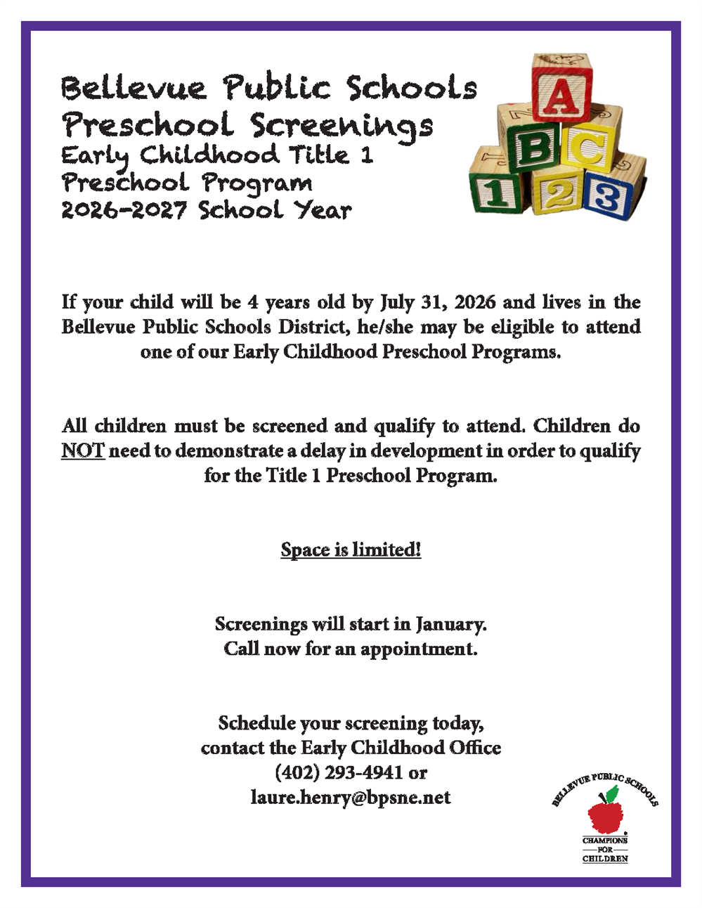  BPS Preschool Screenings Early Childhood Title 1 Program 2026-27